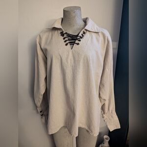 Medieval linen shirt with leather lacing  Designer Anne LaRochelle  M Fits M-XL